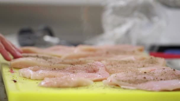 Chicken Breast Hammering Peppering Getting Ready — Stock Video