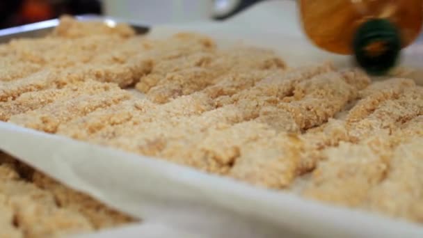 Chicken Breast Bread Crumb Olive Oil Oiling — Stock Video