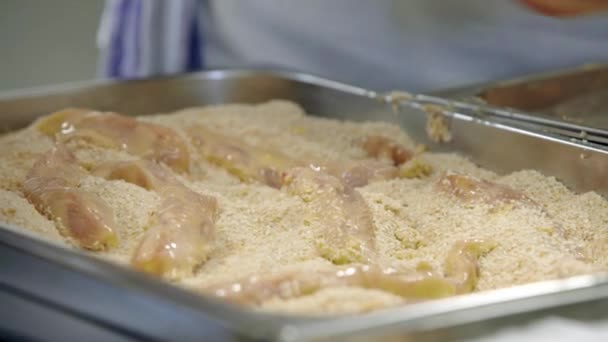 鶏の胸肉にパン粉や卵の準備 — ストック動画