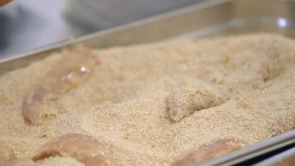 鸡胸肉准备面包屑和鸡蛋 — 图库视频影像