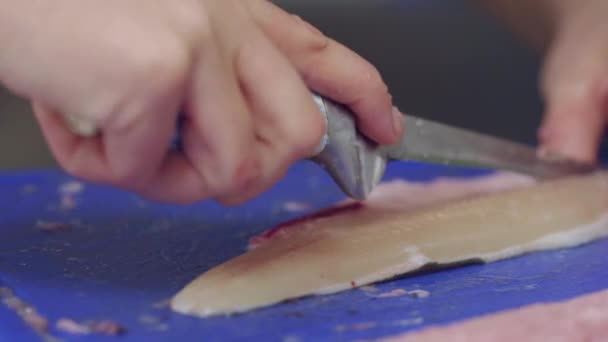 Fisk Styckning Och Förbereda Professionella Kök — Stockvideo