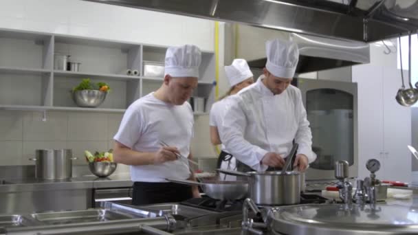 Chef Stirs Sopa Uma Panela Cozinheiros Estão Ajudando Fazer Salada — Vídeo de Stock