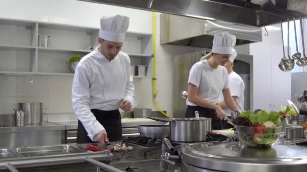 快乐的厨房工作人员与厨师唱歌和跳舞 而烹饪 — 图库视频影像