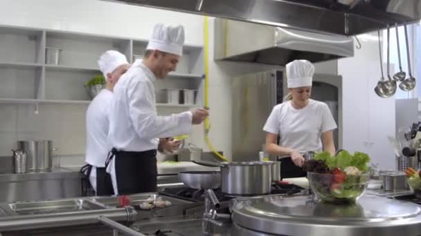 Счастливая Кухонная Команда Шеф Поваром Поющим Танцующим Время Приготовления Пищи — стоковое видео