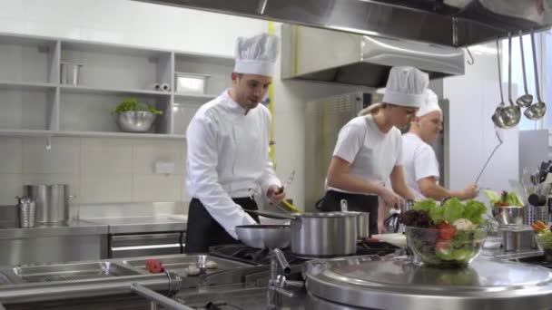 Şarkı Pişirme Sırasında Dans Şef Mutlu Mutfak Ekibiyle — Stok video