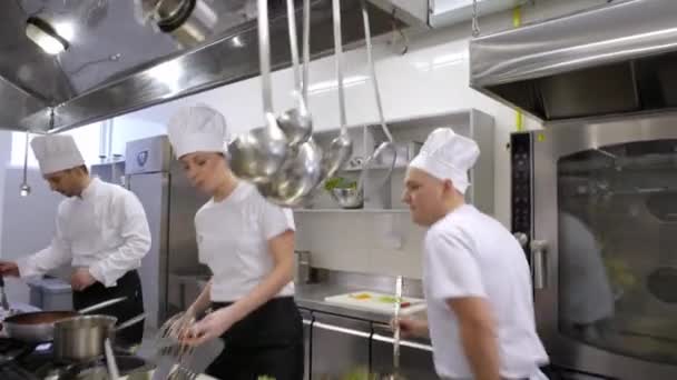 Happy Kitchen Besättningen Med Kock Sjunger Och Dansar Medan Matlagning — Stockvideo