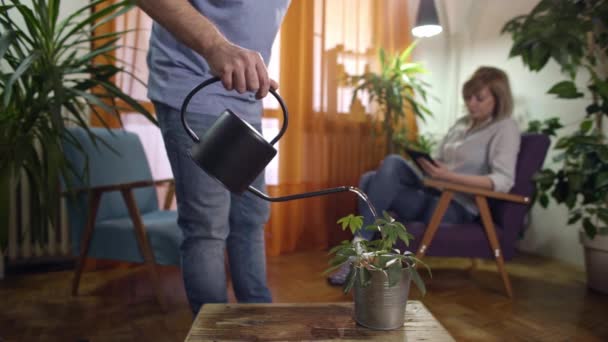 男は水遣りでタブレットから読む現代女性の植物を噴霧 — ストック動画