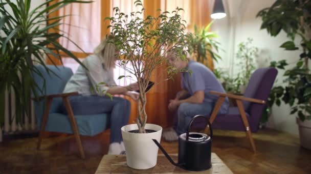 Uomo Irrigazione Spruzzatura Impianto Casa Moderna Donna Lettura Tablet — Video Stock