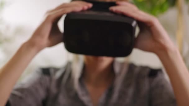 Young Woman Adjusting Virtual Reality Goggles Putting Them — Stock Video