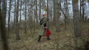 Kırmızı şapkalı forestyoung çekici kadın genç çekici kadın kırmızı şapka ile dolaşır ve kırmızı etek yalak kalın orman giden yol dolaşır. Kışın ormanda yürüyüş erkek