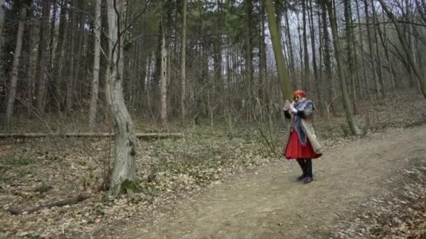 年轻的迷人的女人与红帽子纺纱周围森林年轻迷人的女人与红色帽子和红色裙子在槽茂密的森林旋转 女性在森林中行走在冬天 — 图库视频影像