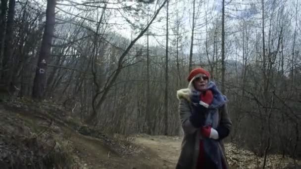 Młoda Atrakcyjna Kobieta Red Hat Wędruje Forestyoung Atrakcyjna Kobieta Red — Wideo stockowe