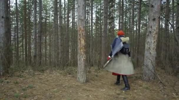 Young Attractive Woman Red Hat Wanders Forest Touching Tree Young — Stock Video