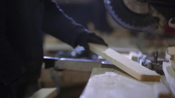 Close Young Man Furniture Factory Cutting Wooden Pieces Sofa Process — Stock Video