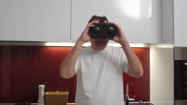 Men Enjoying Headset Kitchen Virtual Reality Goggles — Stock Video