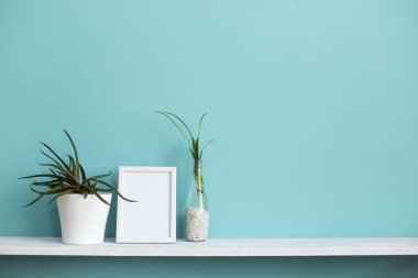 Resim çerçevesi mockup ile modern oda dekorasyonu. Su ve sulu örümcek bitki kesimleri ile pastel turkuaz duvara karşı beyaz raf.