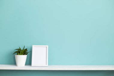 Resim çerçevesi mockup ile modern oda dekorasyonu. Saksı yılan bitkisi ile pastel turkuaz duvara karşı beyaz raf.