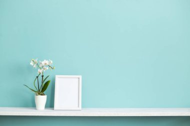 Resim çerçevesi mockup ile modern oda dekorasyonu. Saksı orkide bitki ile pastel turkuaz duvara karşı beyaz raf.
