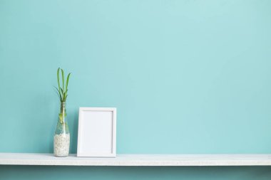 Resim çerçevesi mockup ile modern oda dekorasyonu. Suda örümcek bitki skarları ile pastel turkuaz duvara karşı beyaz raf.