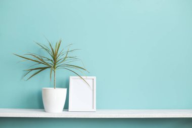 Resim çerçevesi mockup ile modern oda dekorasyonu. Saksılı dracaena bitki ile pastel turkuaz duvara karşı beyaz raf.