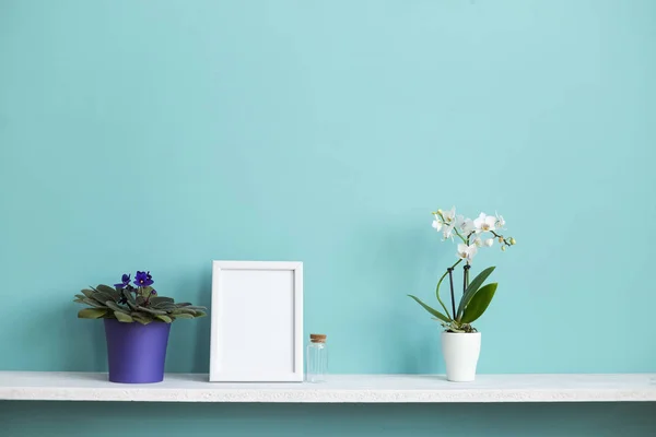 Moderna decoración de la habitación con marco de imagen maqueta. Estante blanco contra pared de color turquesa pastel con orquídea en maceta y planta violeta . — Foto de Stock