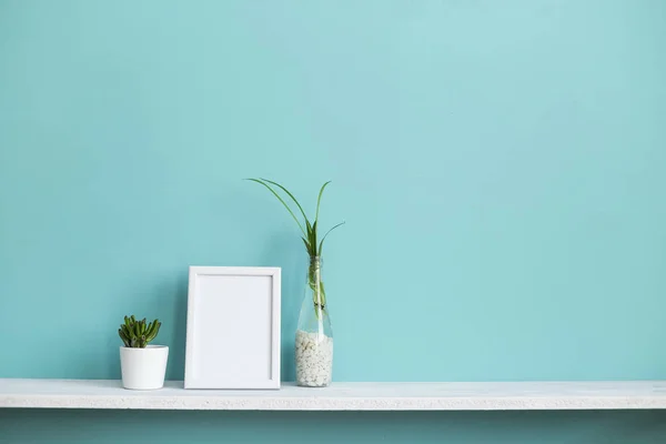 사진 프레임 모형과 현대적인 방 장식입니다. 물과 즙이 많은 거미 식물 절단 파스텔 청록색 벽에 대한 흰색 선반. — 스톡 사진