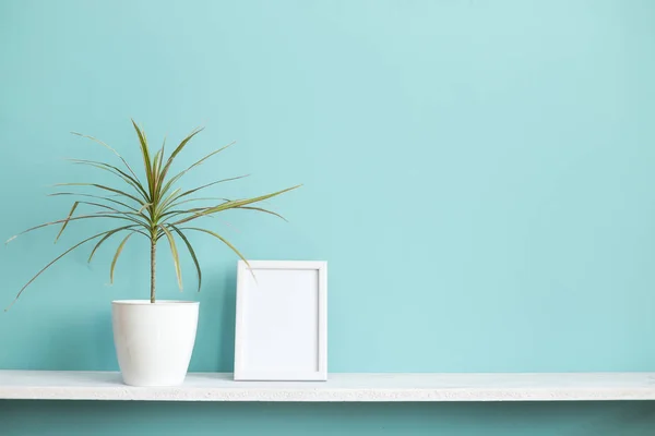Resim çerçevesi mockup ile modern oda dekorasyonu. Saksılı dracaena bitki ile pastel turkuaz duvara karşı beyaz raf.