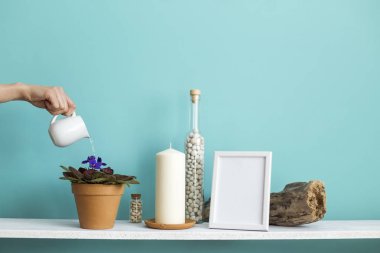 Resim çerçevesi mockup ile modern oda dekorasyonu. Mum ve şişe kayalar ile pastel turkuaz duvara karşı beyaz raf. El sulama saksı menekşe bitki