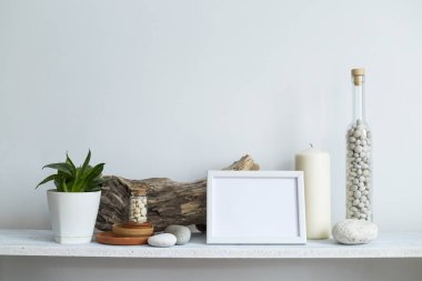 Dekoratif mum, cam, ahşap ve kayalar ile beyaz duvara karşı Raf. Tencerede ev bitkisi.