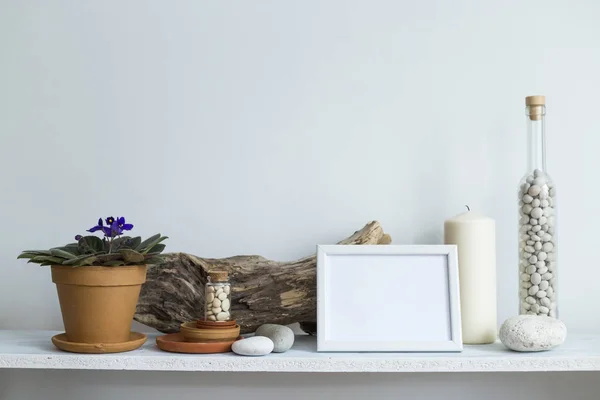 장식 촛불, 유리, 나무와 바위흰색 벽에 대한 선반. 냄비에 홈 식물. — 스톡 사진