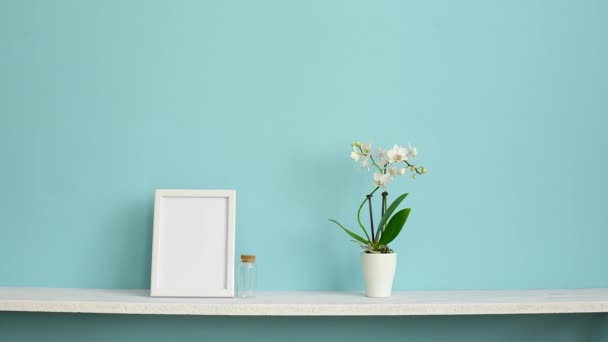 Moderne Kamer Decoratie Met Picture Frame Mockup Witte Plank Tegen — Stockvideo
