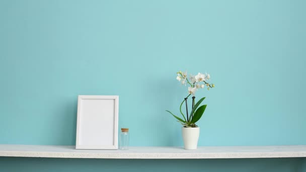 Modern Room Decoration Picture Frame Mockup White Shelf Pastel Turquoise — Stock Video