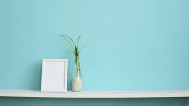 Resim çerçevesi mockup ile modern oda dekorasyonu. Su ve el yılan bitki aşağı koyarak örümcek bitki kesimleri ile pastel turkuaz duvara karşı beyaz raf.