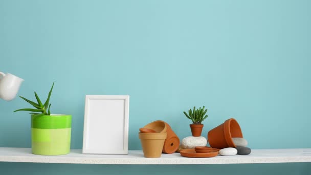 Modern Room Decoration Picture Frame Mockup White Shelf Pastel Turquoise — Stock Video