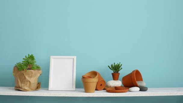 Modern Room Decoration Picture Frame Mockup White Shelf Pastel Turquoise — Stock Video