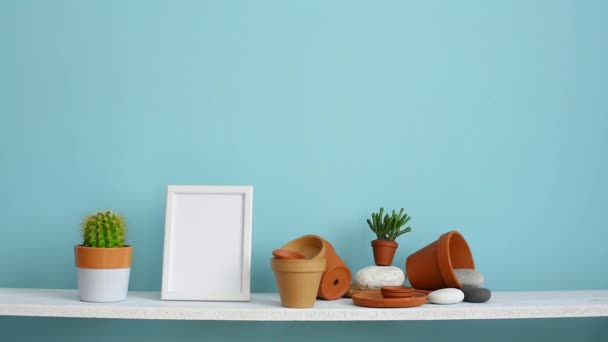 现代客房装饰 带相框模型 白色搁板 用陶器和多汁植物对柔和的绿松石墙 手浇盆栽仙人掌植物 — 图库视频影像