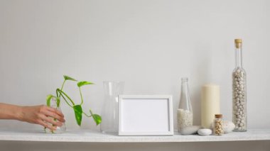 Resim çerçevesi mockup ile modern oda dekorasyonu. Dekoratif mum, cam ve kayalar ile beyaz duvara karşı Raf. Camda bitki kesimleri aşağı koyarak el.