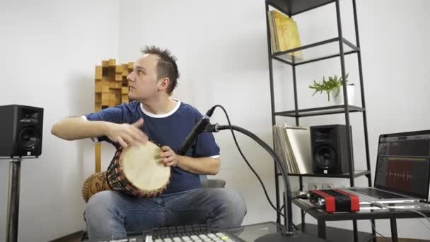 Professional Musician Recording Djembe Drum Instrument Digital Studio Home Surrounded — Stock Video