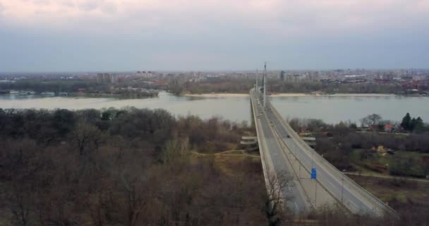 在冬季多云的冬日多云期间 稳定的空中无人机拍摄 显示诺维萨德市的背景和自由桥穿越多瑙河进入市中心 — 图库视频影像