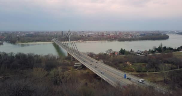 在冬季多云的冬日多云期间 稳定的空中无人机拍摄 显示诺维萨德市的背景和自由桥穿越多瑙河进入市中心 — 图库视频影像