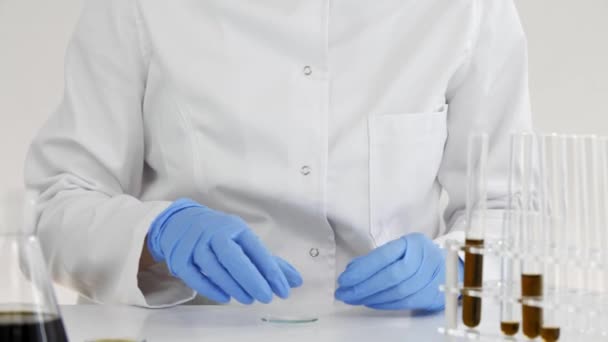 Female Scientist Glasses Testing Cbd Oil Extracted Marijuana Plant Watch — Stock Video
