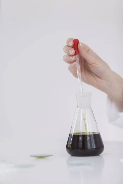 Wissenschaftler zerreißt das cbd-Öl mit einem präzisen Tropfer aus einer Schüssel in ein Rohr — Stockfoto