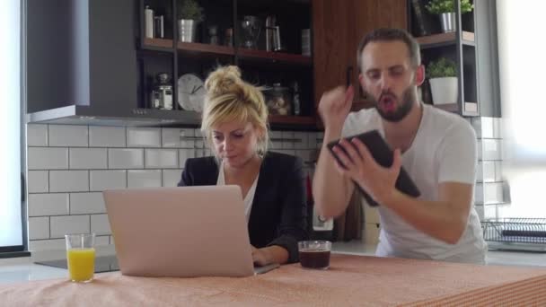 Husband Wife Searching Internet Coffee Break Getting Great News Kitchen — Stock Video
