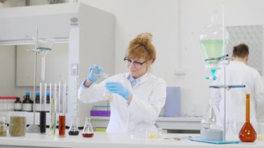 Laboratuvarda kenevir CBD ve CBDA yağlarıyla çalışan gözlüklü bir kimyager. Lateks eldiven, cam tüpler ve erlenmeyer şişeleri kullanıyor. Esrar tohumlarından alınan sağlık hizmetleri eczanesi.