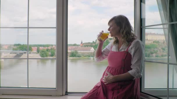 Heureuse Femme Caucasienne Enceinte Assise Près Fenêtre Tandis Une Partie — Video
