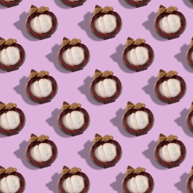 Pembe arka planda mangosteen meyvesiz desen. düz yat