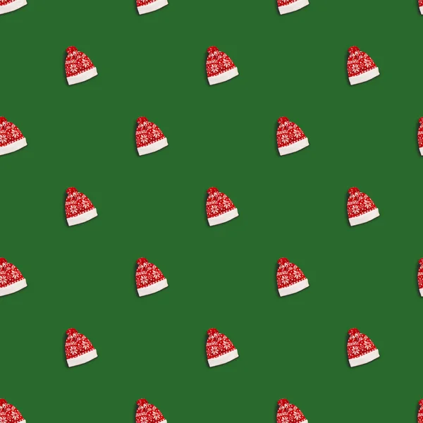 Christmas Red Hat Deers Green Background Seamless Pattern Santa Claus — Stock Photo, Image