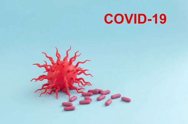 Covid-19 fond abstrait bleu. Dangerous Coronavirus distribution model and hand. Pandémie COVID-19. Ferme là. Espace de copie — Photo