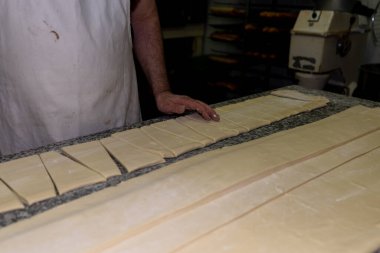 Fırıncı üçgenlere hamur kesip pastanede kruvasan yapıyor.