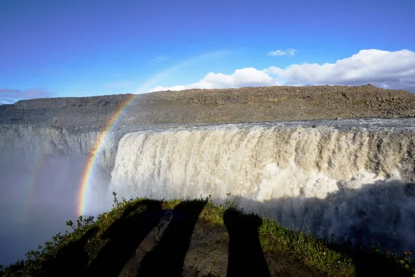 Водоспад Деттіфосс Чудовою Подвійною Веселкою Півночі Країни Водоспад Найбільшою Кількістю — стокове фото
